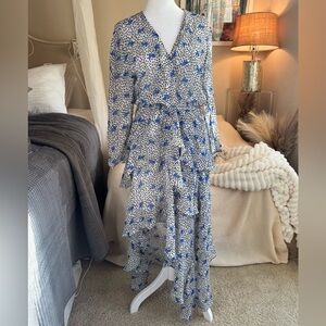 Maje Blue and White Floral Long Sleeve Dress